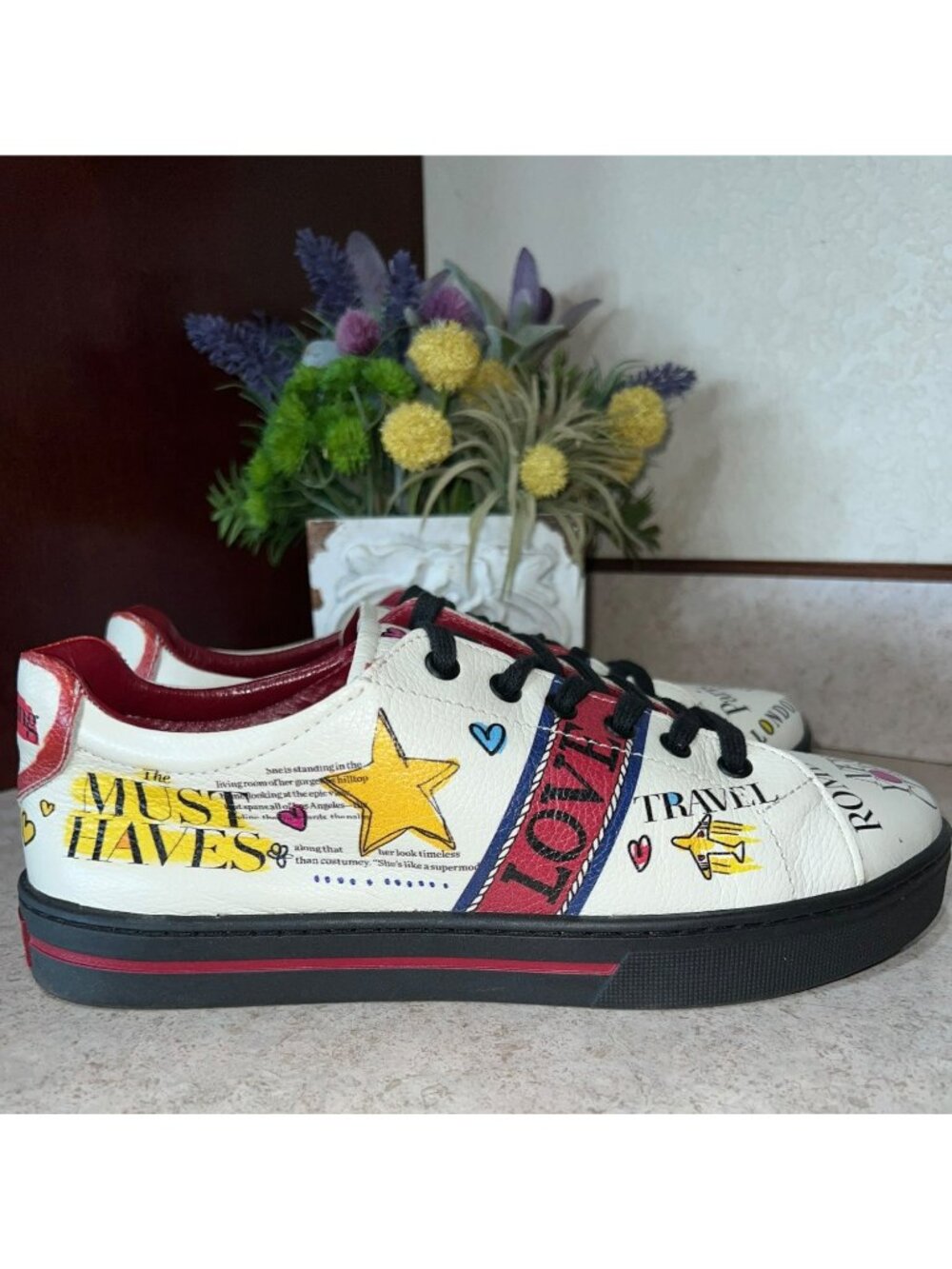 Brighton Love Travel Print Sneakers | White Leather | Paris New York London | Wo
